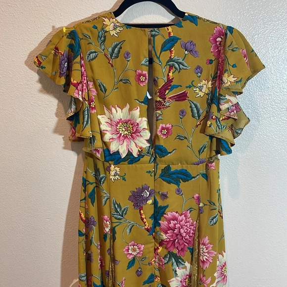 ASOS DESIGN Petite maxi dress with lace godets in mustard floral print size 4P - Picture 6 of 9